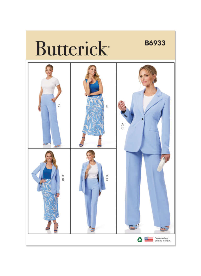 Pattern cover for Butterick B6933, featuring four women's outfits. Outfit A: white top and light blue pants. Outfit B: blue sleeveless top and patterned skirt. Outfit C: light blue pantsuit with a blazer. Each outfit is displayed with a model.