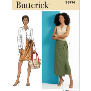 Pattern cover for Butterick B6934. It features two women modeling different outfits. The left model wears a white blouse with a brown skirt and carries a handbag. The right model stands with her arms crossed, wearing a beige top and a green skirt.