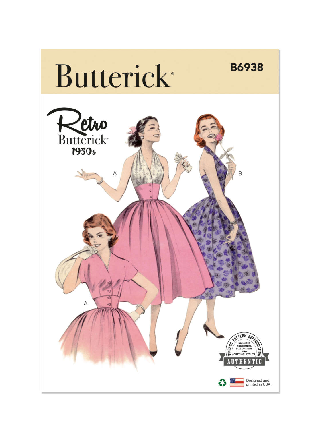 Butterick B6938 retro pattern cover featuring three women in 1950s-style dresses. Dress A has short sleeves and a full skirt; Dress B is sleeveless with a collar; Dress C is sleeveless with a halter neck. All dresses are illustrated in pink and purple fabrics.