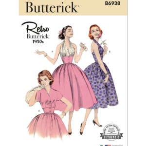 Butterick B6938 retro pattern cover featuring three women in 1950s-style dresses. Dress A has short sleeves and a full skirt; Dress B is sleeveless with a collar; Dress C is sleeveless with a halter neck. All dresses are illustrated in pink and purple fabrics.