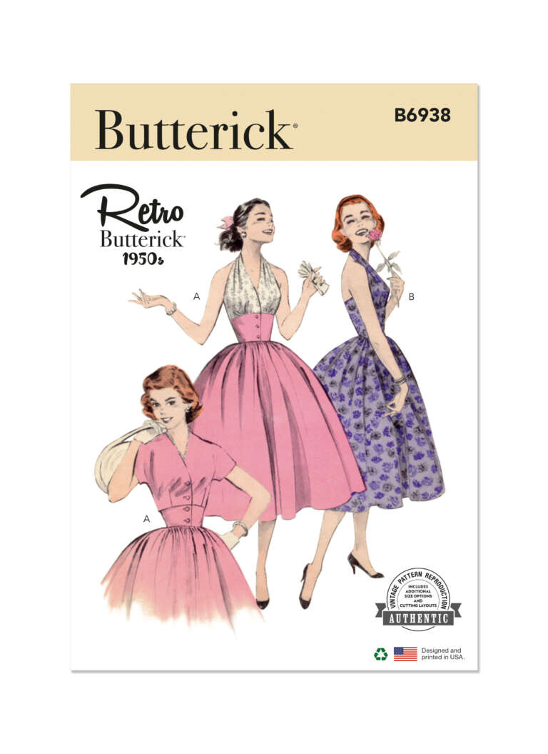 Butterick B6938 retro pattern cover featuring three women in 1950s-style dresses. Dress A has short sleeves and a full skirt; Dress B is sleeveless with a collar; Dress C is sleeveless with a halter neck. All dresses are illustrated in pink and purple fabrics.