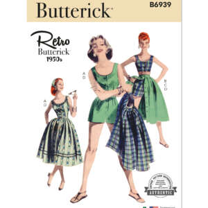 A Butterick sewing pattern cover labeled "B6939" and "Retro Butterick 1950s." It shows illustrations of three women wearing vintage dresses in different styles. The main dress is sleeveless and green, while the other variations include plaid designs and apron overlays.