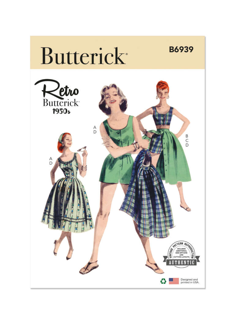 A Butterick sewing pattern cover labeled "B6939" and "Retro Butterick 1950s." It shows illustrations of three women wearing vintage dresses in different styles. The main dress is sleeveless and green, while the other variations include plaid designs and apron overlays.