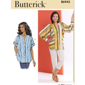 Pattern envelope for Butterick B6943. It includes an illustration of a woman in a blue and white striped short-sleeve top and a photo of a smiling woman in a yellow and white striped long-sleeve blouse, paired with white pants and yellow sandals.