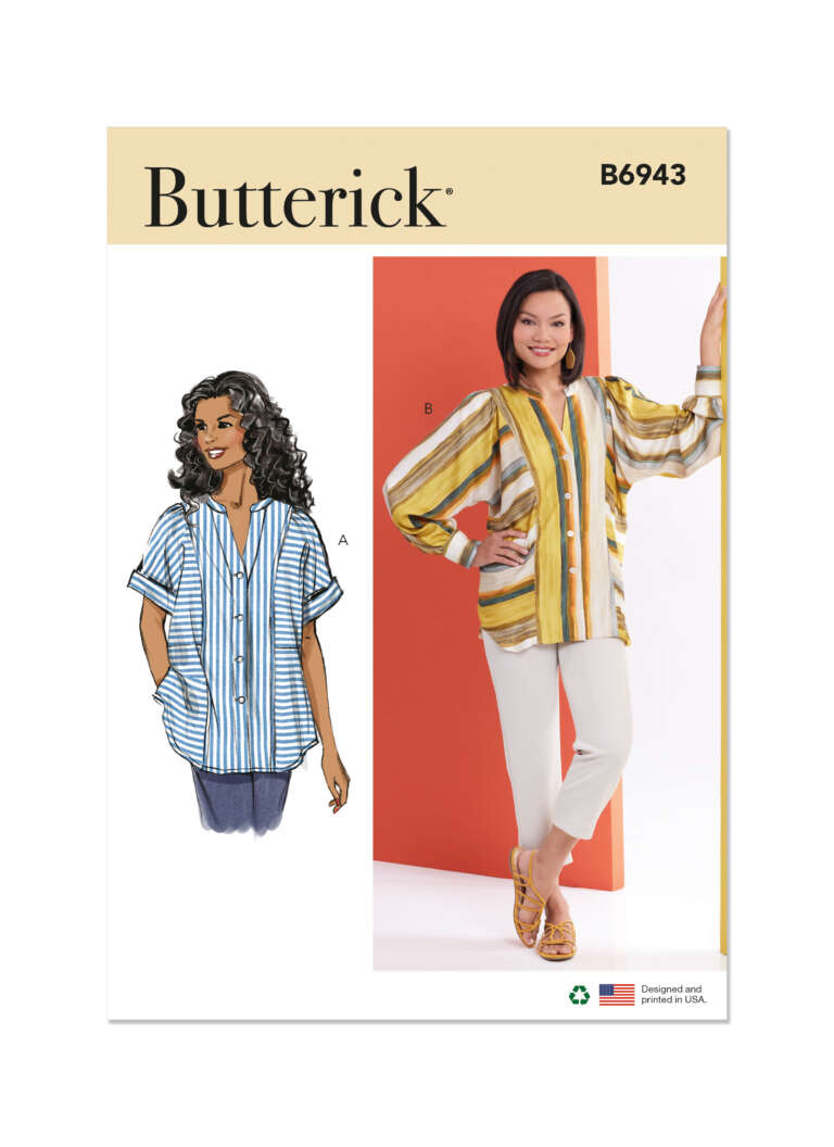 Pattern envelope for Butterick B6943. It includes an illustration of a woman in a blue and white striped short-sleeve top and a photo of a smiling woman in a yellow and white striped long-sleeve blouse, paired with white pants and yellow sandals.