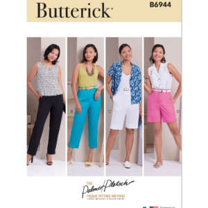 Four models stand in a row showcasing different styles of women's clothing featured on the Butterick B6944 sewing pattern cover. Outfits include a sleeveless top with pants, a sleeveless tank top with high-waisted trousers, a button-up blouse with bermuda shorts, and a blouse worn with shorts.