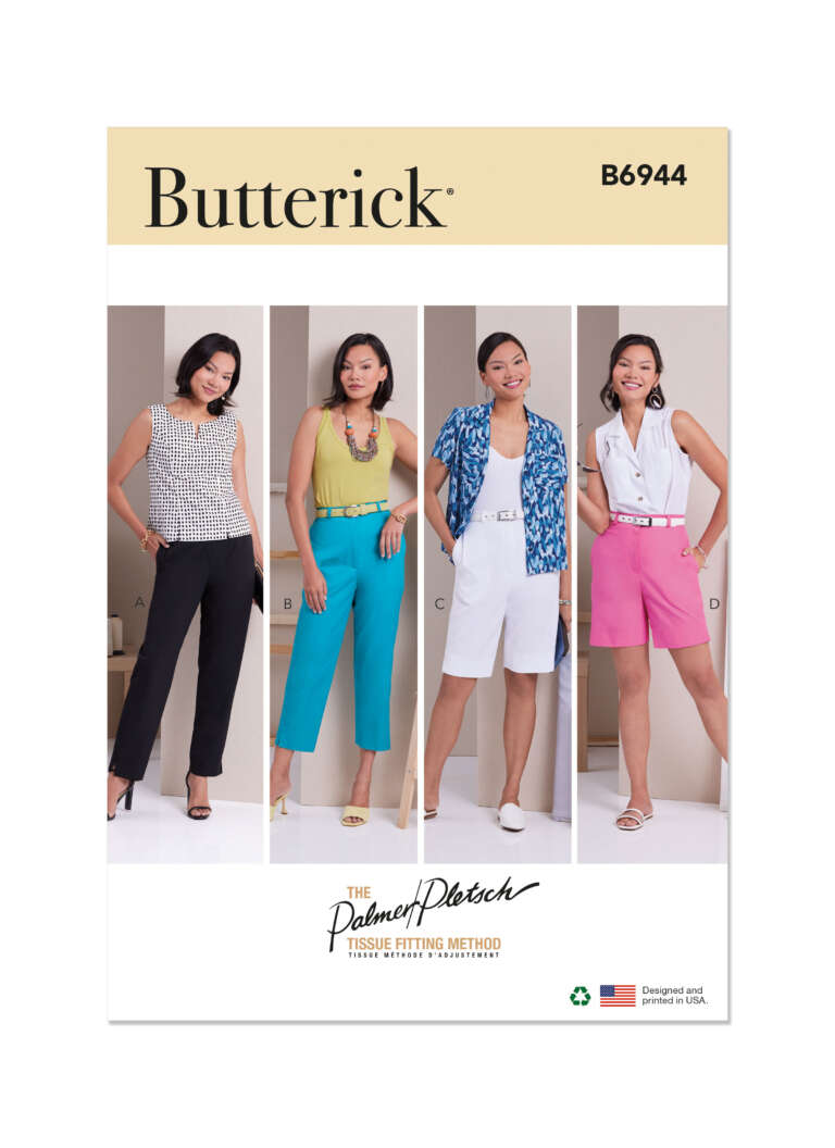 Four models stand in a row showcasing different styles of women's clothing featured on the Butterick B6944 sewing pattern cover. Outfits include a sleeveless top with pants, a sleeveless tank top with high-waisted trousers, a button-up blouse with bermuda shorts, and a blouse worn with shorts.