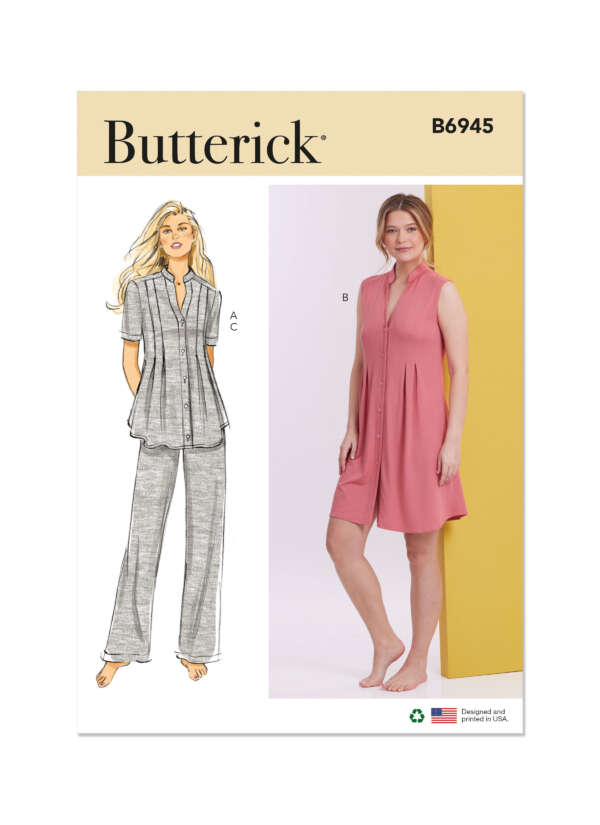 Butterick B6945 sewing pattern cover showing designs for a women's buttoned nightgown and pajama set. Illustration A depicts a gray top and pant set. Photo B shows a barefoot model wearing a sleeveless pink nightgown with a collar, standing against a yellow wall.