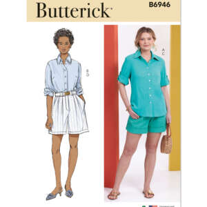 Butterick sewing pattern B6946. The cover shows two women wearing different outfits: a drawing of a woman in a light blue button-up shirt and white shorts on the left, and a photo of a woman in a teal button-up shirt and matching shorts on the right.
