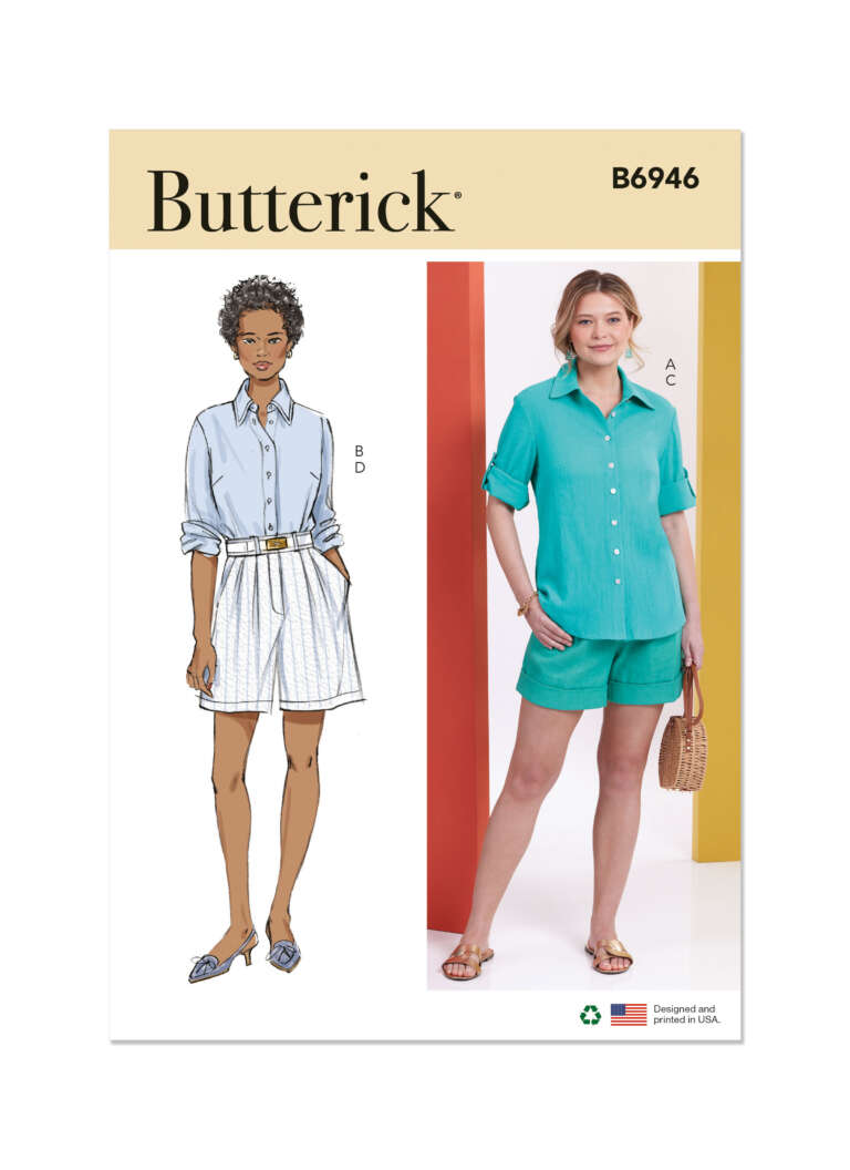 Butterick sewing pattern B6946. The cover shows two women wearing different outfits: a drawing of a woman in a light blue button-up shirt and white shorts on the left, and a photo of a woman in a teal button-up shirt and matching shorts on the right.