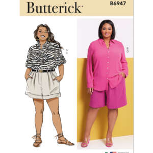A Butterick sewing pattern (B6947) featuring two women's outfits. View A shows a woman in a zebra-print shirt tucked into beige shorts with sandals. View B shows a woman wearing a bright pink shirt with matching shorts and pink sandals.