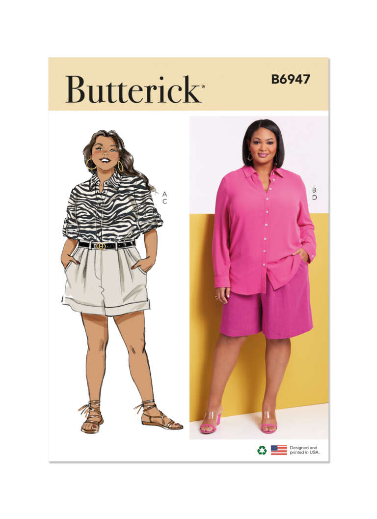 A Butterick sewing pattern (B6947) featuring two women's outfits. View A shows a woman in a zebra-print shirt tucked into beige shorts with sandals. View B shows a woman wearing a bright pink shirt with matching shorts and pink sandals.