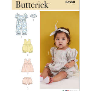 A Butterick pattern cover (B6950) for children's clothing. It features designs for dresses and rompers. A toddler is seated to the right, wearing a polka-dot dress and headband. Four clothing examples (A, B, C, D) are illustrated to the left.
