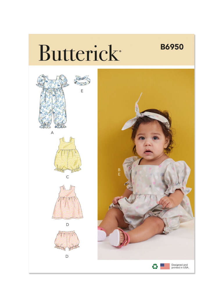 A Butterick pattern cover (B6950) for children's clothing. It features designs for dresses and rompers. A toddler is seated to the right, wearing a polka-dot dress and headband. Four clothing examples (A, B, C, D) are illustrated to the left.