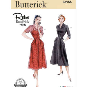 Butterick B6956 pattern cover featuring retro 1950s-style dresses. Dress A is a short-sleeved, knee-length dress with a full skirt shown in red. Dress B is a long-sleeved, below-the-knee dress with a slim skirt shown in black. The cover includes "Retro Butterick 1950s" text.