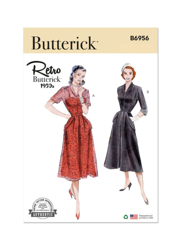 Butterick B6956 pattern cover featuring retro 1950s-style dresses. Dress A is a short-sleeved, knee-length dress with a full skirt shown in red. Dress B is a long-sleeved, below-the-knee dress with a slim skirt shown in black. The cover includes "Retro Butterick 1950s" text.