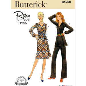 A sewing pattern envelope from Butterick features two women wearing 1970s-style outfits. One wears a patterned wrap dress with a belt, and the other wears a belted tunic top with flared pants. The title reads "Butterick Retro 1970s" with the pattern number B6958.