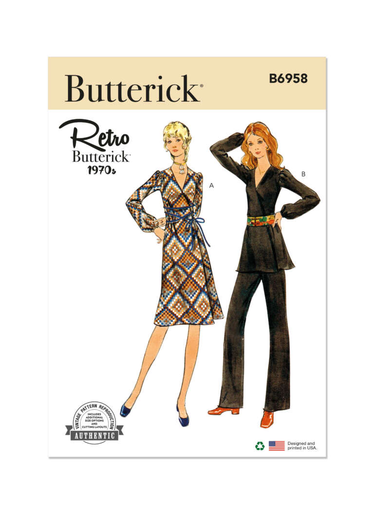 A sewing pattern envelope from Butterick features two women wearing 1970s-style outfits. One wears a patterned wrap dress with a belt, and the other wears a belted tunic top with flared pants. The title reads "Butterick Retro 1970s" with the pattern number B6958.