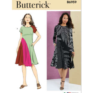 Pattern envelope for Butterick B6959 featuring two women's dresses. Dress A is modeled as a short-sleeve, color-block design in green, red, and pink. Dress B displays a long-sleeve, black dress with a white abstract leaf pattern worn by a model.