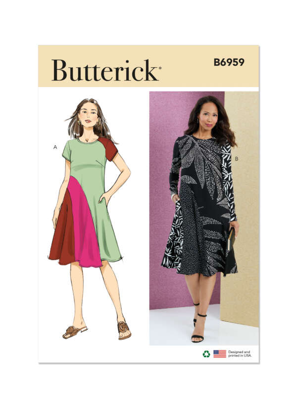 Pattern envelope for Butterick B6959 featuring two women's dresses. Dress A is modeled as a short-sleeve, color-block design in green, red, and pink. Dress B displays a long-sleeve, black dress with a white abstract leaf pattern worn by a model.