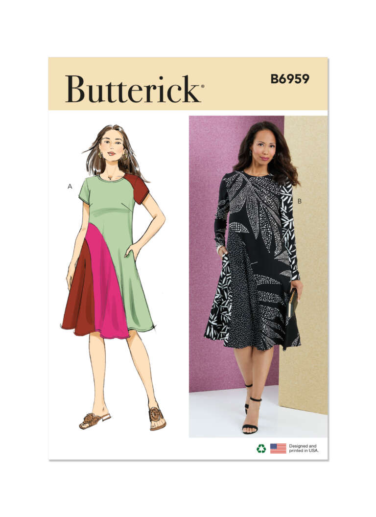 Pattern envelope for Butterick B6959 featuring two women's dresses. Dress A is modeled as a short-sleeve, color-block design in green, red, and pink. Dress B displays a long-sleeve, black dress with a white abstract leaf pattern worn by a model.