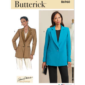 Butterick B6960 pattern cover. It features a drawing of a model in a brown, double-breasted blazer with white pants (View B) and a photo of a model in a blue, single-breasted blazer with black pants (View A). The patterns are The Palmer/Pletsch Collection.