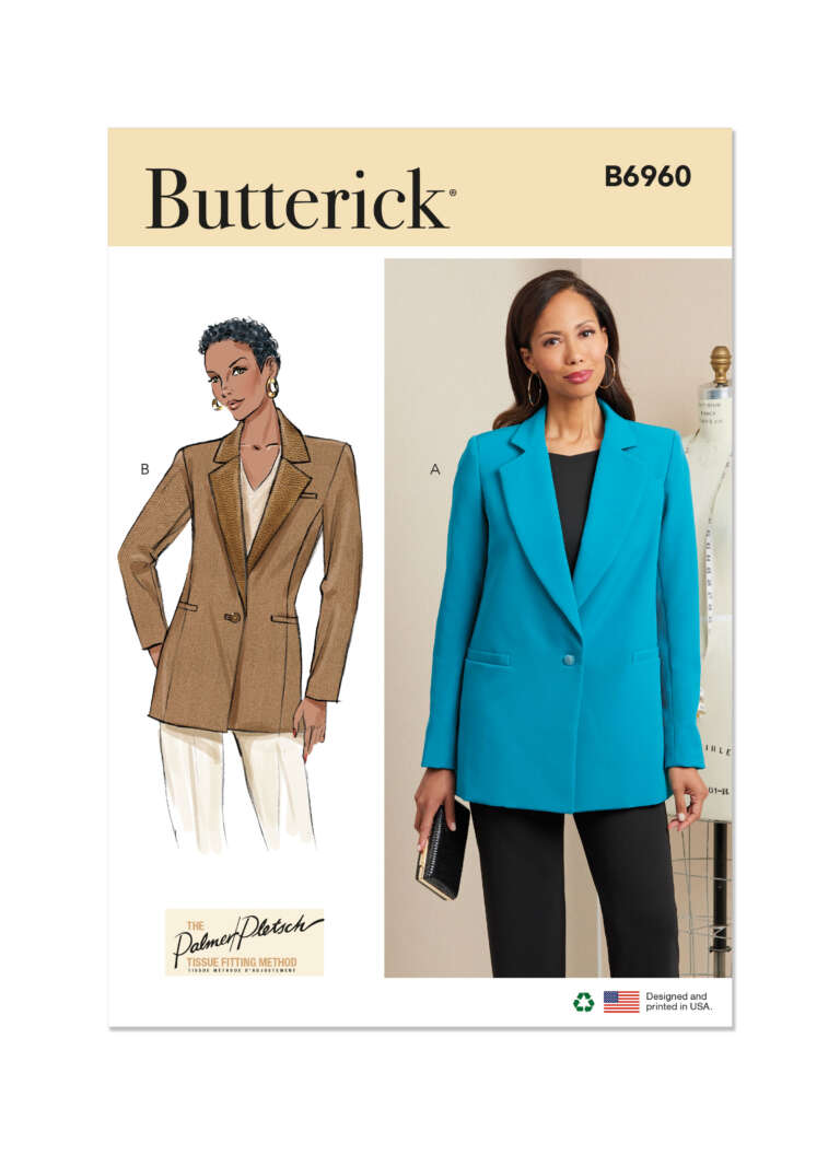 Butterick B6960 pattern cover. It features a drawing of a model in a brown, double-breasted blazer with white pants (View B) and a photo of a model in a blue, single-breasted blazer with black pants (View A). The patterns are The Palmer/Pletsch Collection.