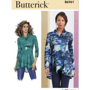 A Butterick sewing pattern envelope (B6961) featuring a drawing of a woman wearing a teal, long-sleeved, asymmetrical tunic with a cowl neckline (view A) and a photograph of a woman wearing a similar blue floral tunic with a cowl neckline (view B).