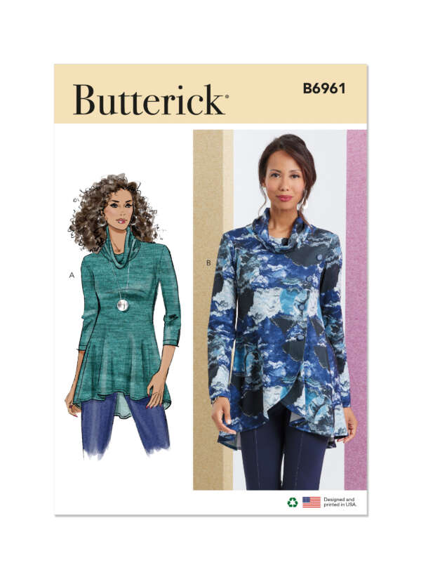 A Butterick sewing pattern envelope (B6961) featuring a drawing of a woman wearing a teal, long-sleeved, asymmetrical tunic with a cowl neckline (view A) and a photograph of a woman wearing a similar blue floral tunic with a cowl neckline (view B).