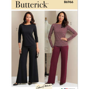 Butterick B6966 sewing pattern cover shows a model wearing two different outfits. The first outfit is a solid black top with matching wide-leg pants. The second outfit features a red patterned top paired with solid maroon wide-leg pants.