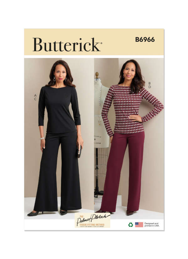 Butterick B6966 sewing pattern cover shows a model wearing two different outfits. The first outfit is a solid black top with matching wide-leg pants. The second outfit features a red patterned top paired with solid maroon wide-leg pants.