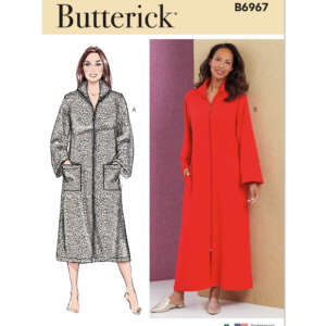 Butterick sewing pattern B6967. The cover shows two versions of a long-sleeved, full-length robe with front zipper closure. Illustration A on the left depicts a woman in a leopard-print robe. Photo B on the right shows a woman in a red robe.