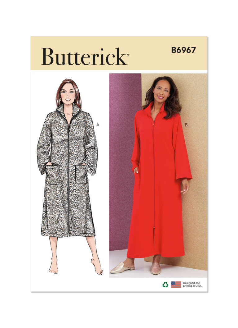 Butterick sewing pattern B6967. The cover shows two versions of a long-sleeved, full-length robe with front zipper closure. Illustration A on the left depicts a woman in a leopard-print robe. Photo B on the right shows a woman in a red robe.