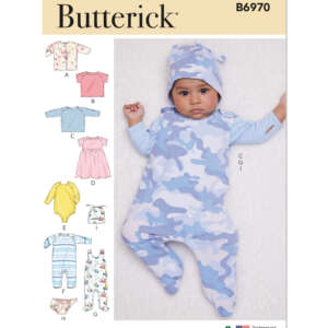 Pattern cover for Butterick B6970 featuring a baby in a blue camouflage outfit with a hood. The cover shows different baby clothing designs labeled A to H, including tops, bodysuits, and pajamas. The designs come in various patterns and colors.