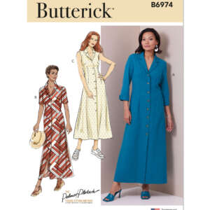 Pattern envelope for Butterick B6974, featuring three styles of women's dresses. View A shows a woman in a teal, button-down, long-sleeved dress. View B depicts a casually dressed woman with a patterned dress, and View C depicts a sleeveless, long dress.