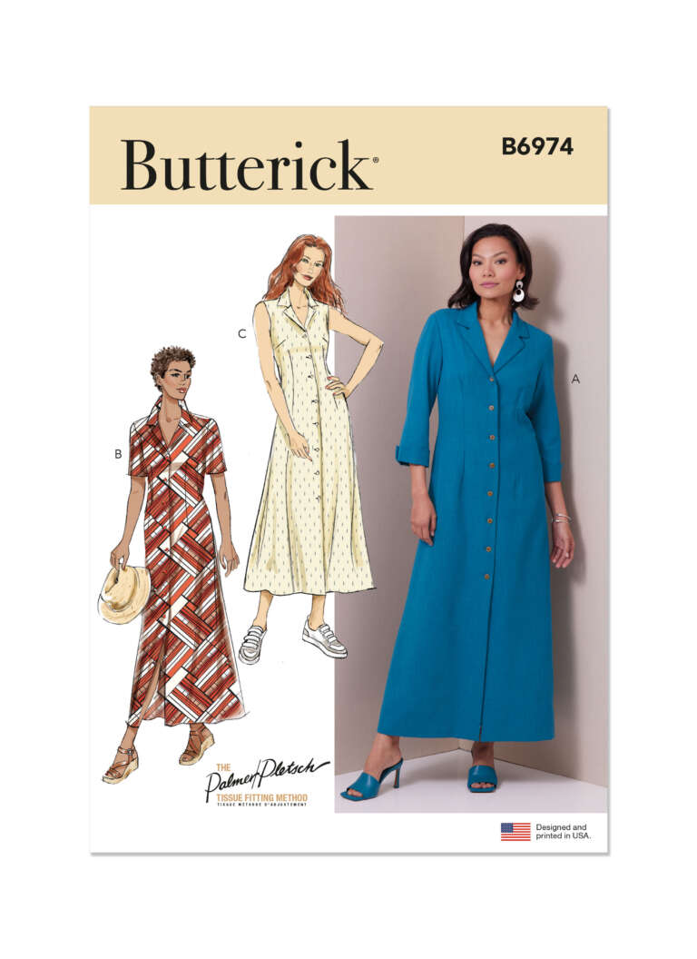 Pattern envelope for Butterick B6974, featuring three styles of women's dresses. View A shows a woman in a teal, button-down, long-sleeved dress. View B depicts a casually dressed woman with a patterned dress, and View C depicts a sleeveless, long dress.