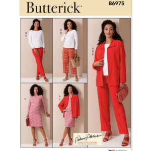 Pattern cover for Butterick B6975. The cover features four images of a woman modeling various red and white outfits: a top with pants, a tunic with pants, a dress, and an ensemble with a coat. The cover has Butterick branding and states the pattern is designed by Palmer/Pletsch.