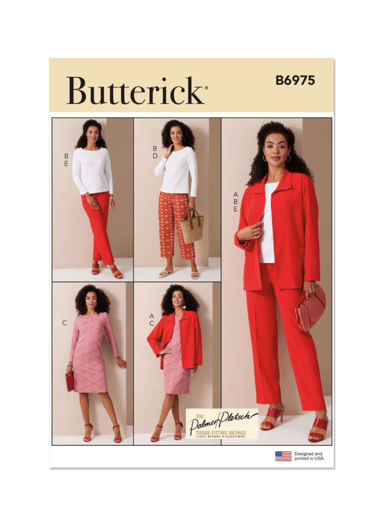 Pattern cover for Butterick B6975. The cover features four images of a woman modeling various red and white outfits: a top with pants, a tunic with pants, a dress, and an ensemble with a coat. The cover has Butterick branding and states the pattern is designed by Palmer/Pletsch.