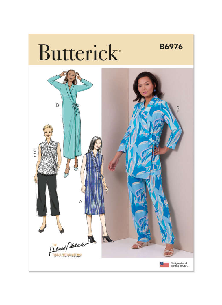 Butterick pattern B6976 cover showing various women’s outfit designs including tunics, dresses, and a jumpsuit. The designs feature different sleeve lengths and fits. The cover also includes illustrations and photos of models wearing the outfits.