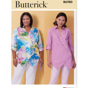 Pattern cover for Butterick B6980, showing sewing designs for two women's tops. Design A features a multi-colored, printed, loose-fit top, and Design B shows a pink, asymmetrical button-down top. Both models wear white pants and stand against a yellow background.