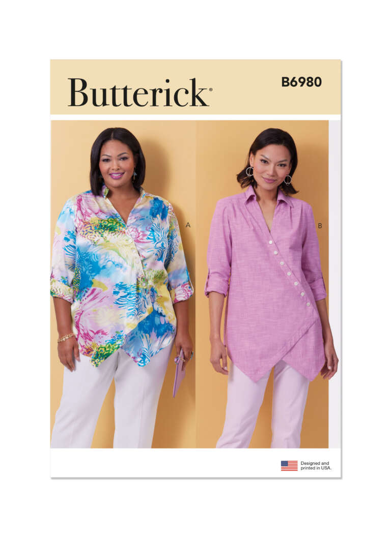 Pattern cover for Butterick B6980, showing sewing designs for two women's tops. Design A features a multi-colored, printed, loose-fit top, and Design B shows a pink, asymmetrical button-down top. Both models wear white pants and stand against a yellow background.