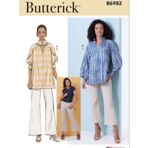 Pattern cover for Butterick B6982, featuring three women's outfits. Main illustration shows a woman in a striped tunic shirt and wide-leg pants. Two smaller photos depict women wearing variations of the tunic shirt paired with similar wide-leg pants.