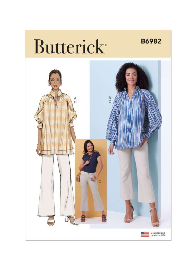 Pattern cover for Butterick B6982, featuring three women's outfits. Main illustration shows a woman in a striped tunic shirt and wide-leg pants. Two smaller photos depict women wearing variations of the tunic shirt paired with similar wide-leg pants.