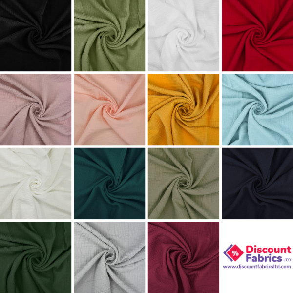 A 4x4 grid displays different colored pieces of Cotton Double Gauze Fabric, each twisted to form a spiral. The colors include black, dark green, white, pink, peach, yellow, light blue, off-white, teal, olive, dark green (listed twice), gray, light gray, deep red, and burgundy. The logo "Discount Fabrics Ltd" is in the bottom right corner with the website link.