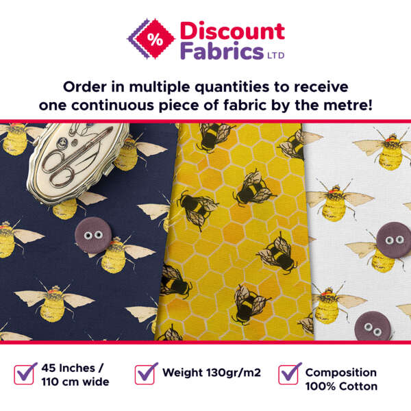 A promotional image for Discount Fabrics LTD. Features three pieces of fabric, each with a bee pattern on different backgrounds (navy, yellow hex, and white). Text details fabric width (45 inches/110 cm), weight (130 gr/m²), and composition (100% cotton).