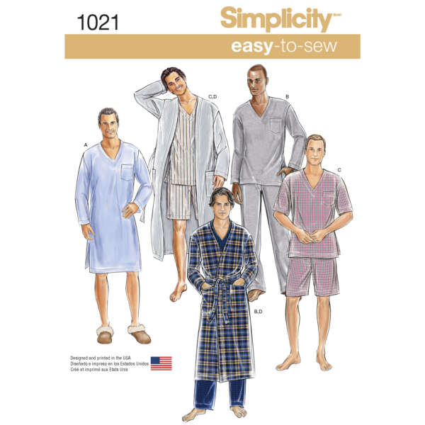 Illustration of men modeling different loungewear from Simplicity pattern 1021. The designs include various robes and pajamas in solid colors and plaid patterns, showcasing easy-to-sew styles. The package highlights "easy-to-sew" features and includes the USA flag.