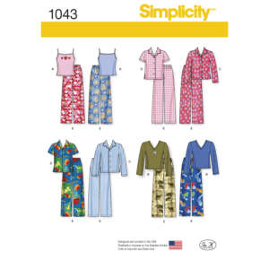 Pattern cover from Simplicity 1043 featuring various pajama designs for children. Styles include tank tops, short-sleeve and long-sleeve tops, paired with shorts or long pants decorated with hearts, fish, camouflage, and more.