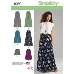 A sewing pattern cover for Simplicity 1069 displays five skirt designs (A, B, C, D, E). The model wears a long, dark skirt with a butterfly print (E) and a white top. Other designs include long and short skirts in various fabrics and styles. The pattern is made in the USA.