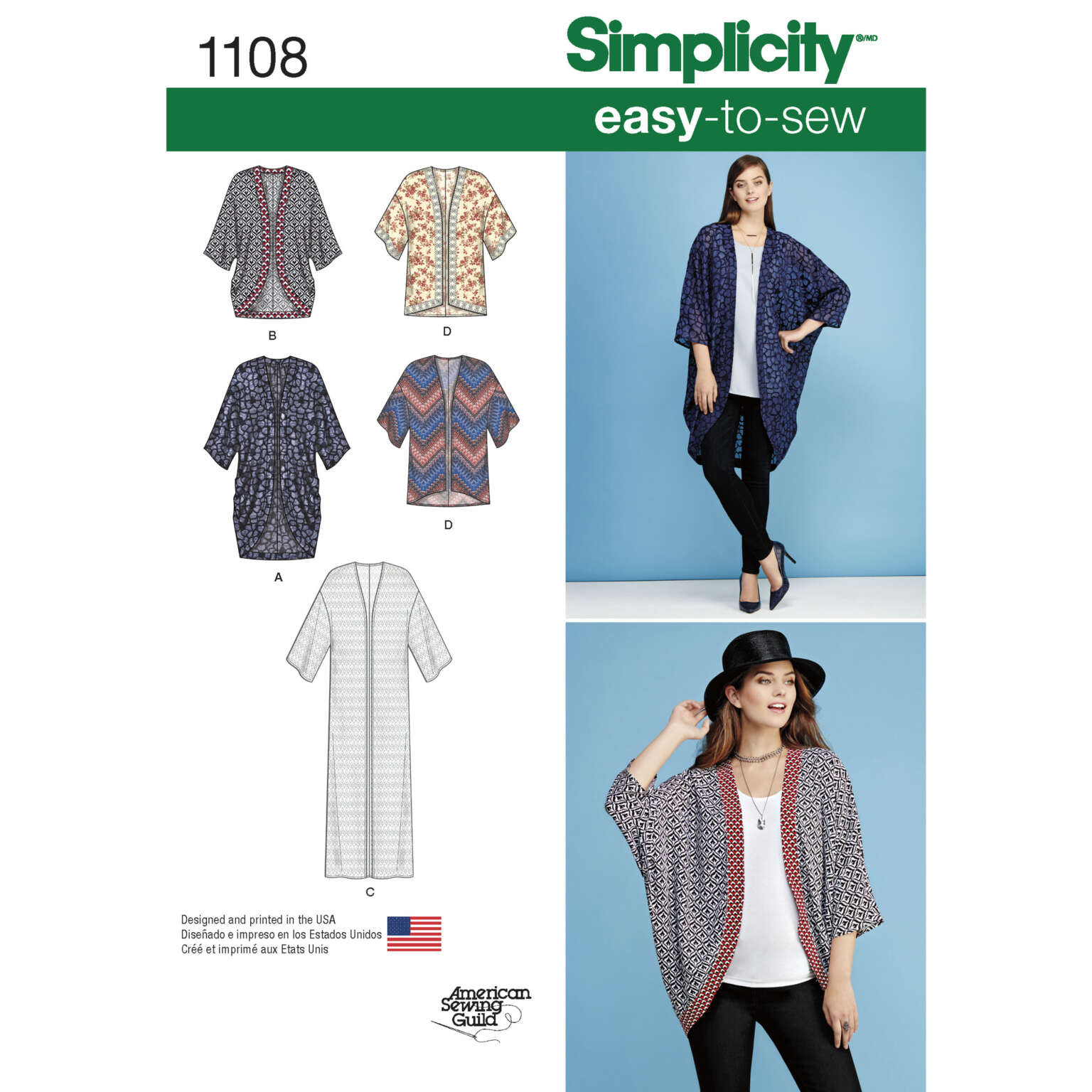 Simplicity pattern 1108 offers an easy-to-sew design for a women's kimono jacket. The pattern includes variations A-D, each with differing fabric patterns and lengths. The image shows the kimonos styled on models and a labeled illustration of each style.