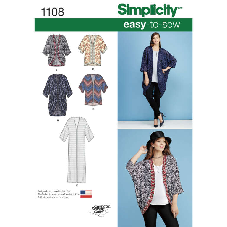 Simplicity pattern 1108 offers an easy-to-sew design for a women's kimono jacket. The pattern includes variations A-D, each with differing fabric patterns and lengths. The image shows the kimonos styled on models and a labeled illustration of each style.